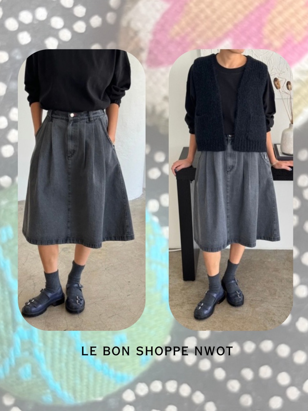 Le Bon Shoppe Charcoal Wash A-Line Denim Midi Skirt Farm Girl Skirt